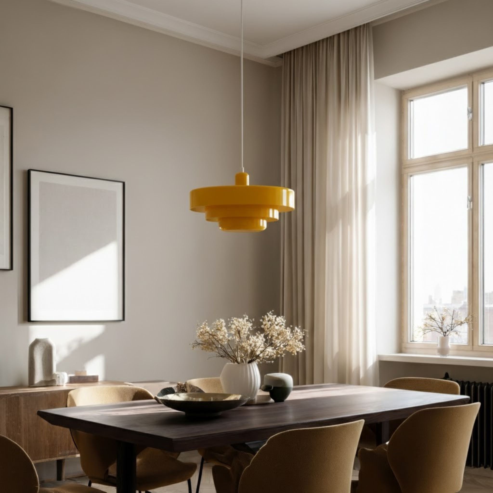 Gul taklampa Italia i retroinspirerad design ovanför avlångt matbord i varm skandinavisk interiör – dekorativ pendellampa som ger ett varmt och stämningsfullt ljus.