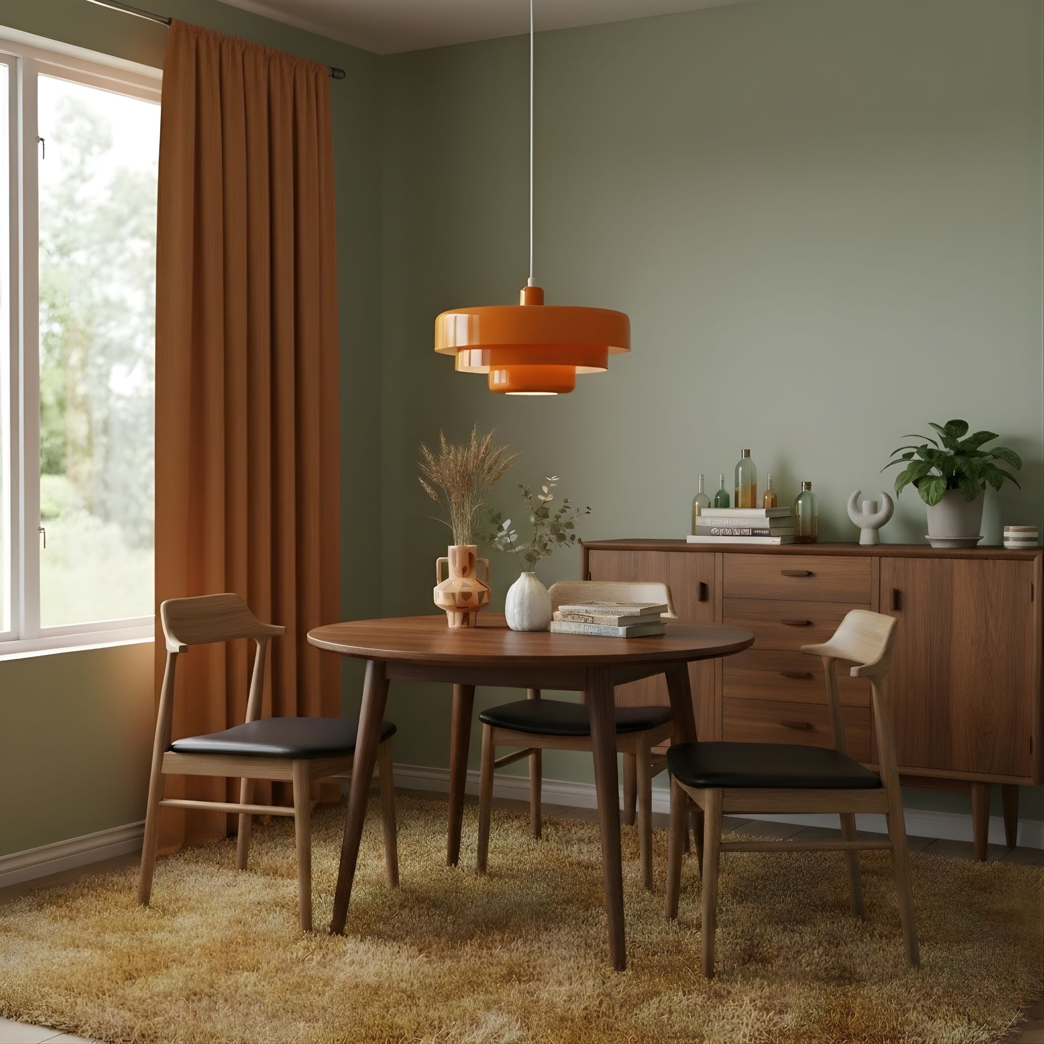 Taklampa Italia i orange ovanför matbord i varm och modern inredningsmiljö.