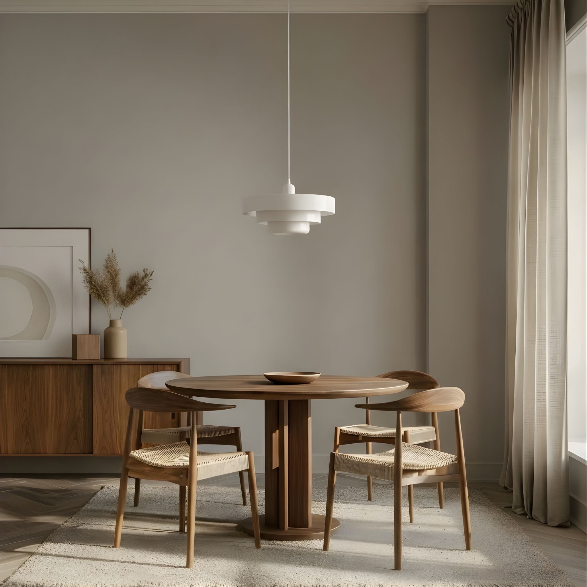Vit taklampa Italia i minimalistisk skandinavisk matsal med runt träbord – modern pendellampa med tidlös form och mjuk ljusspridning.
