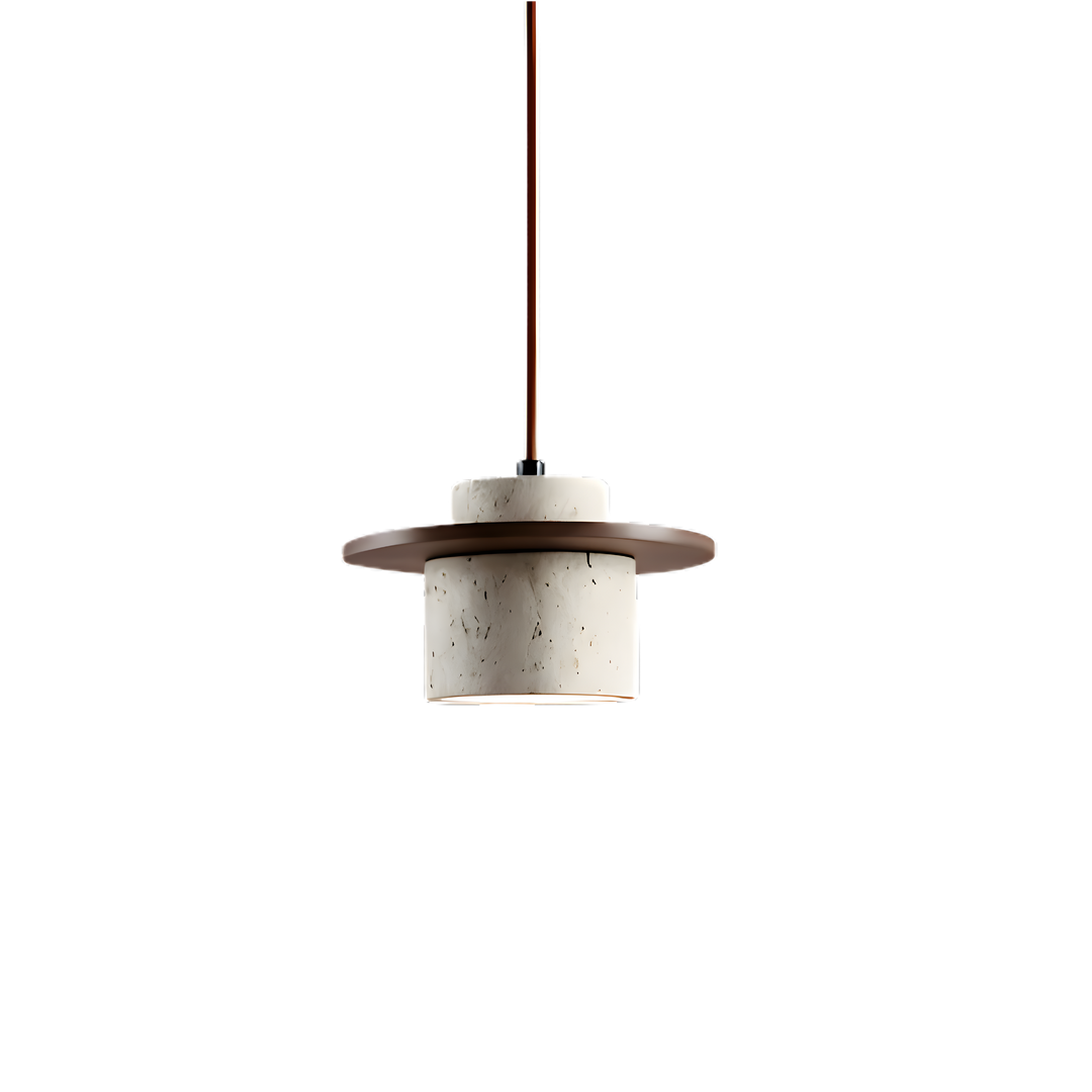 Taklampa Kanso i travertin och trä med minimalistisk formgivning och varm ljusspridning
