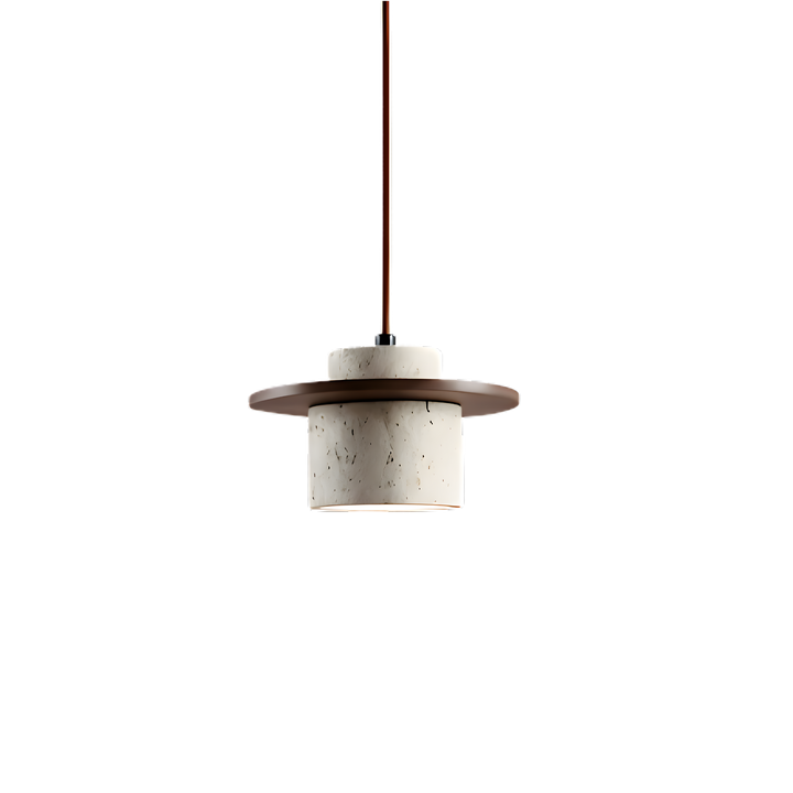 Taklampa Kanso i travertin och trä med minimalistisk formgivning och varm ljusspridning