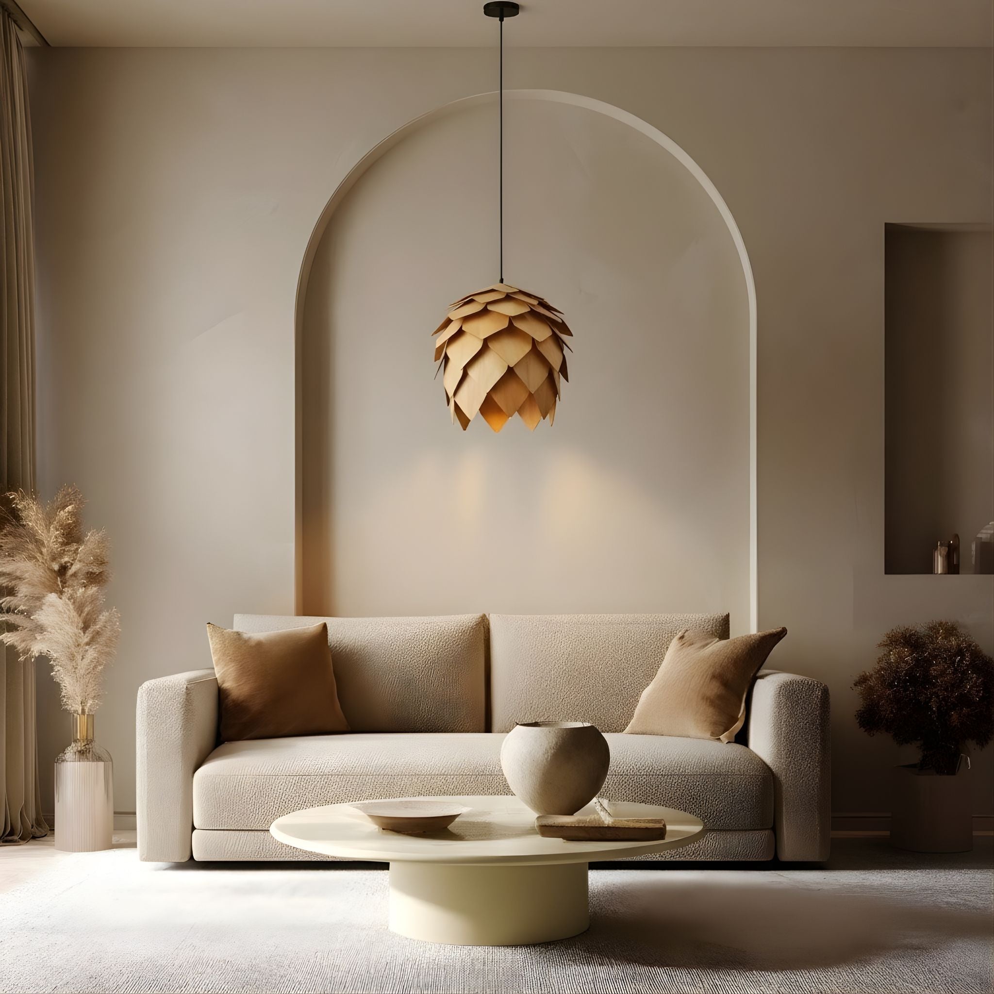 Taklampa Kotte i beige ton som hänger över soffgrupp i stilrent vardagsrum med mjuk och varm belysning