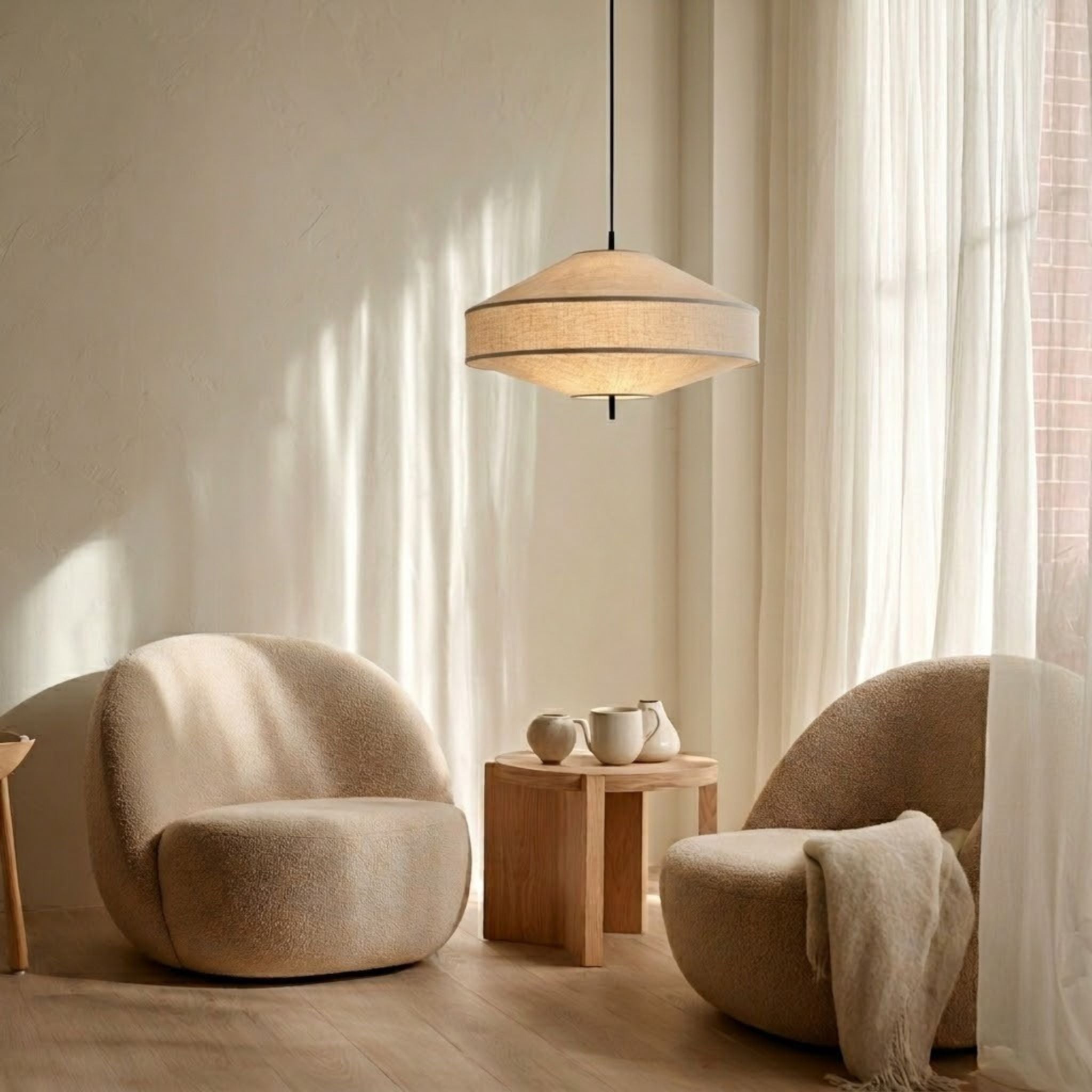 Taklampa Pagoda med mjukt varmt ljus över sittgrupp i ljust skandinaviskt vardagsrum med beige fåtöljer och träbord.