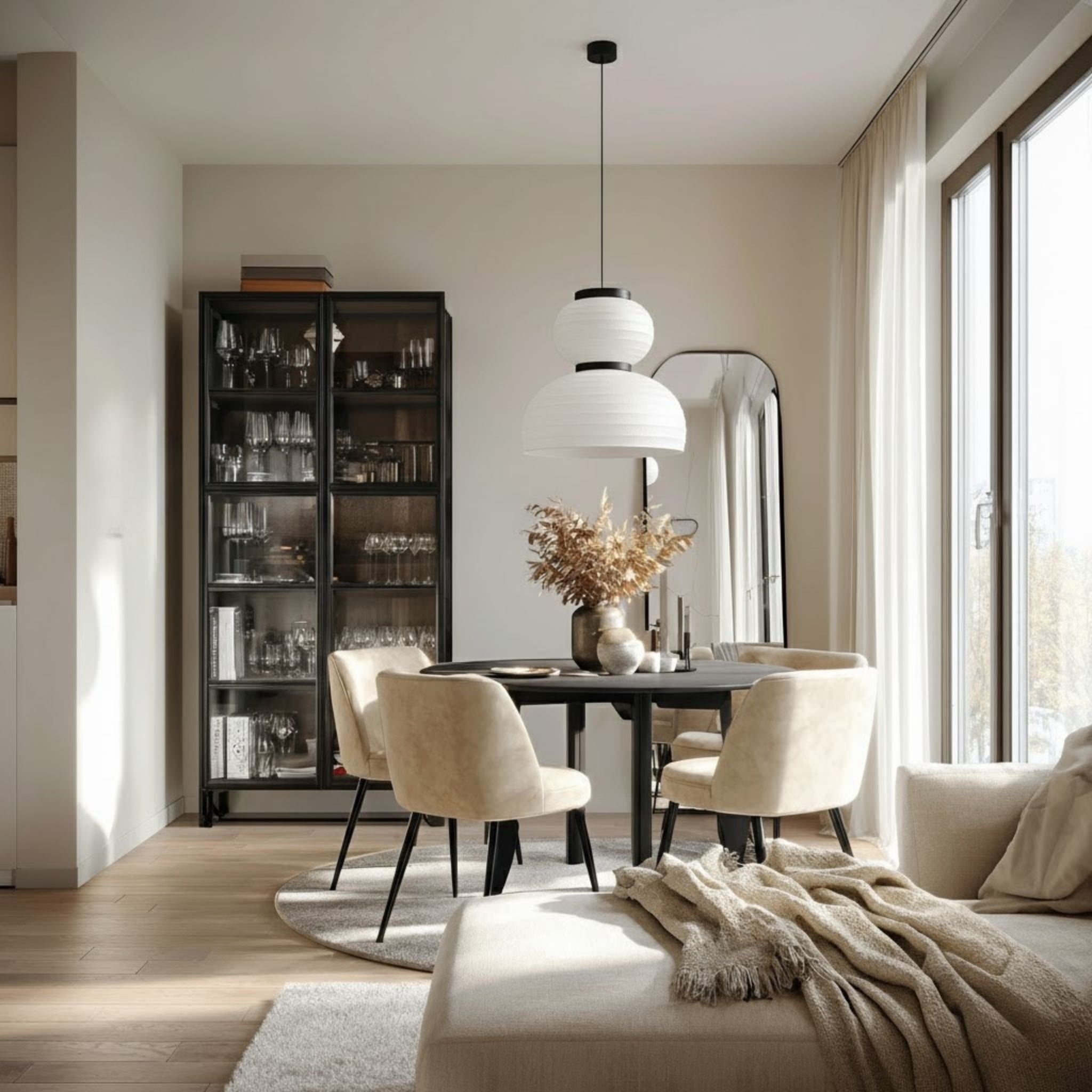 Taklampa podium placerad över matbord i skandinavisk interiör