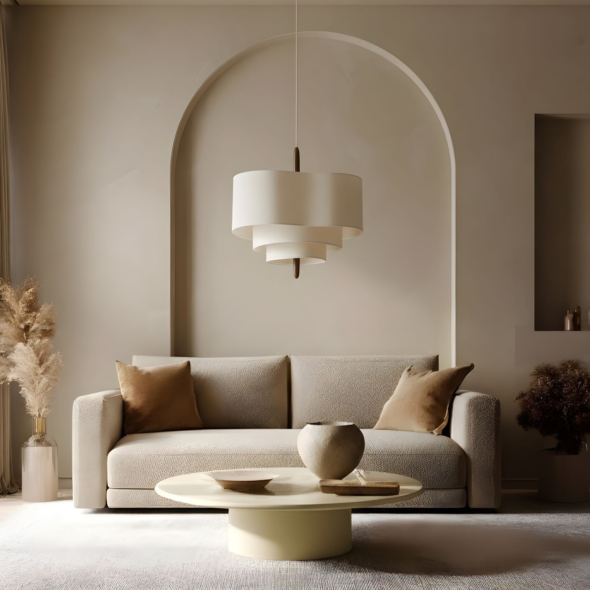 Taklampa Rondo hängande i vardagsrum med soffa och mjuka neutrala toner