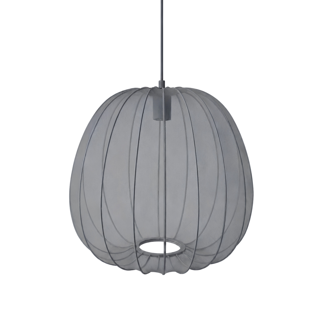 Sfera Tonda taklampa med mjukt rund form i grå textilskärm med metallstomme, i modern skandinavisk design.