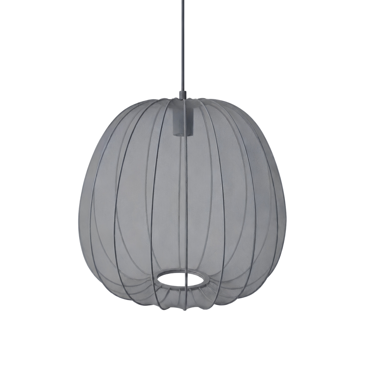 Sfera Tonda taklampa med mjukt rund form i grå textilskärm med metallstomme, i modern skandinavisk design.