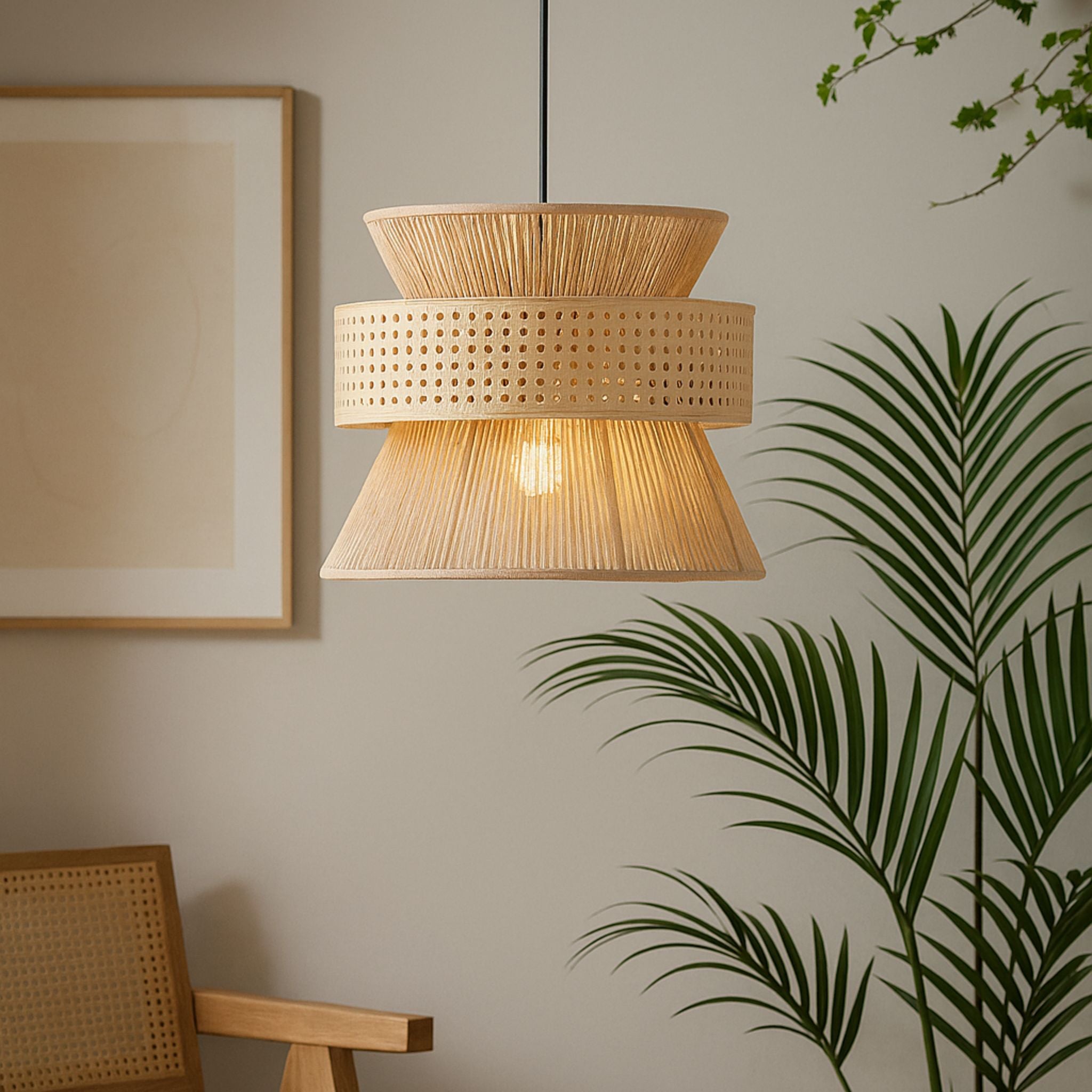 Taklampa Solwood monterad i ljus interiör med naturliga material