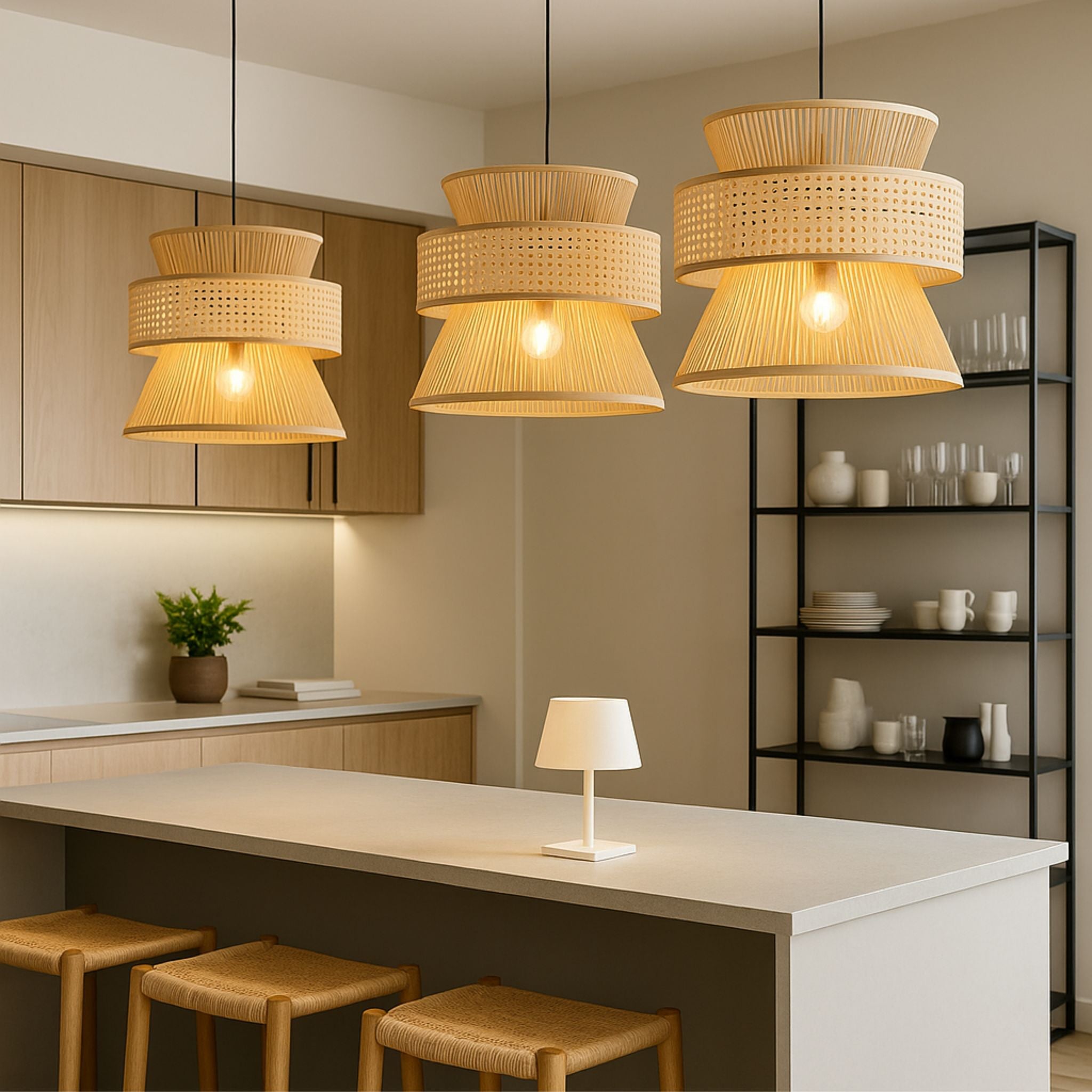 Taklampa Solwood monterad över köksbänk i modern interiör