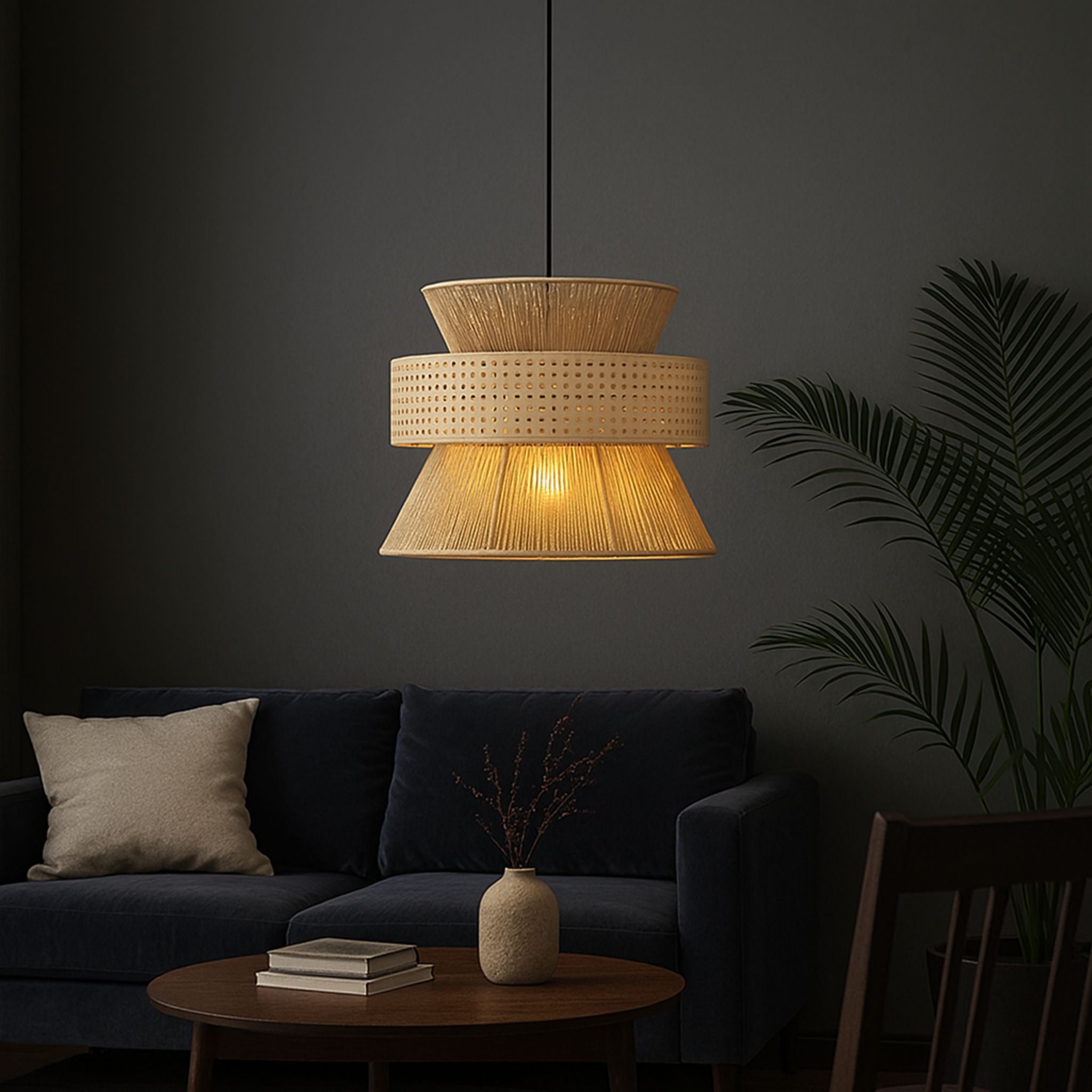 Taklampa Solwood monterad i vardagsrum med varm stämningsbelysning