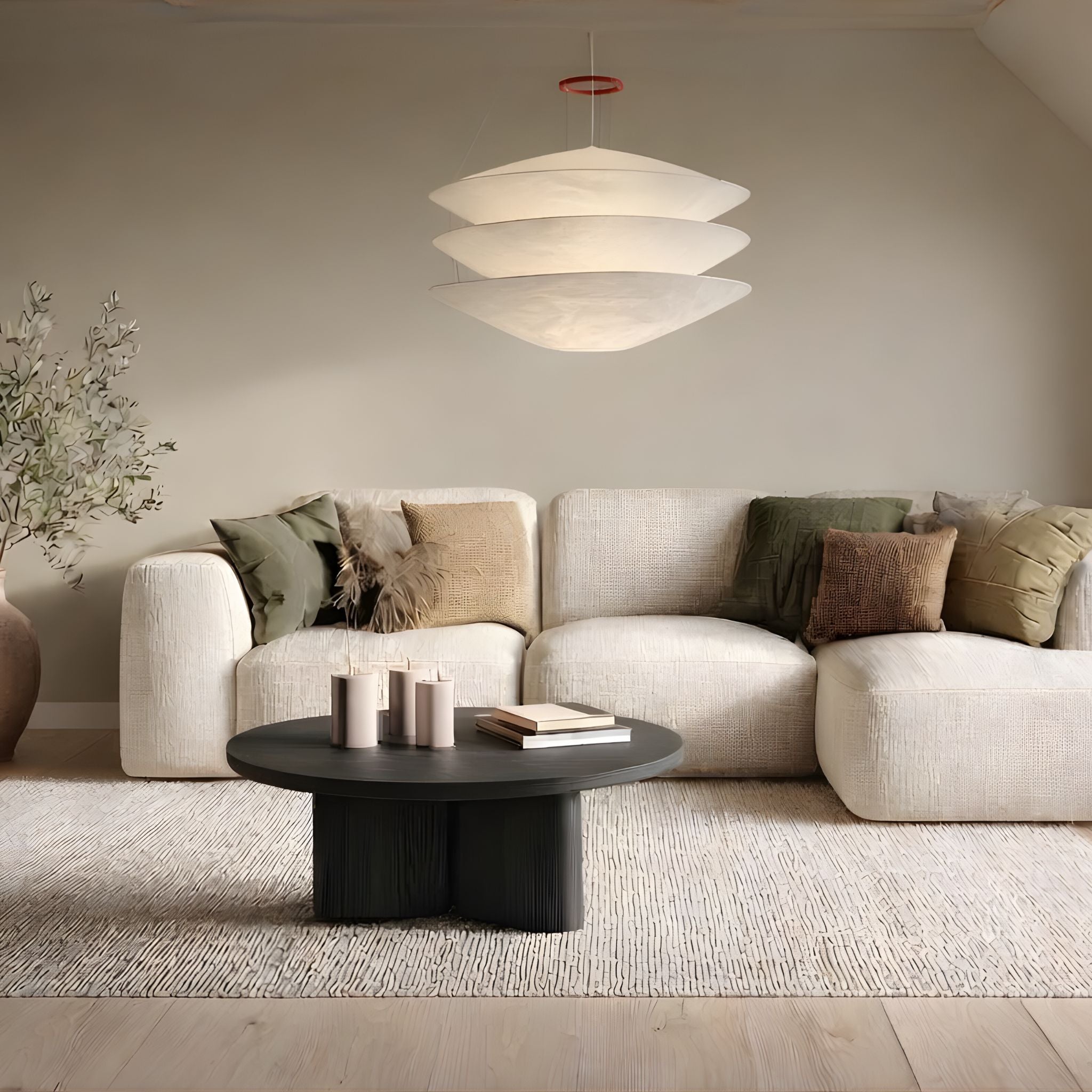Taklampa Stratus med tre mjuka lager i vit design som hänger över soffbord i stilrent skandinaviskt vardagsrum med beige soffa och minimalistisk inredning.
