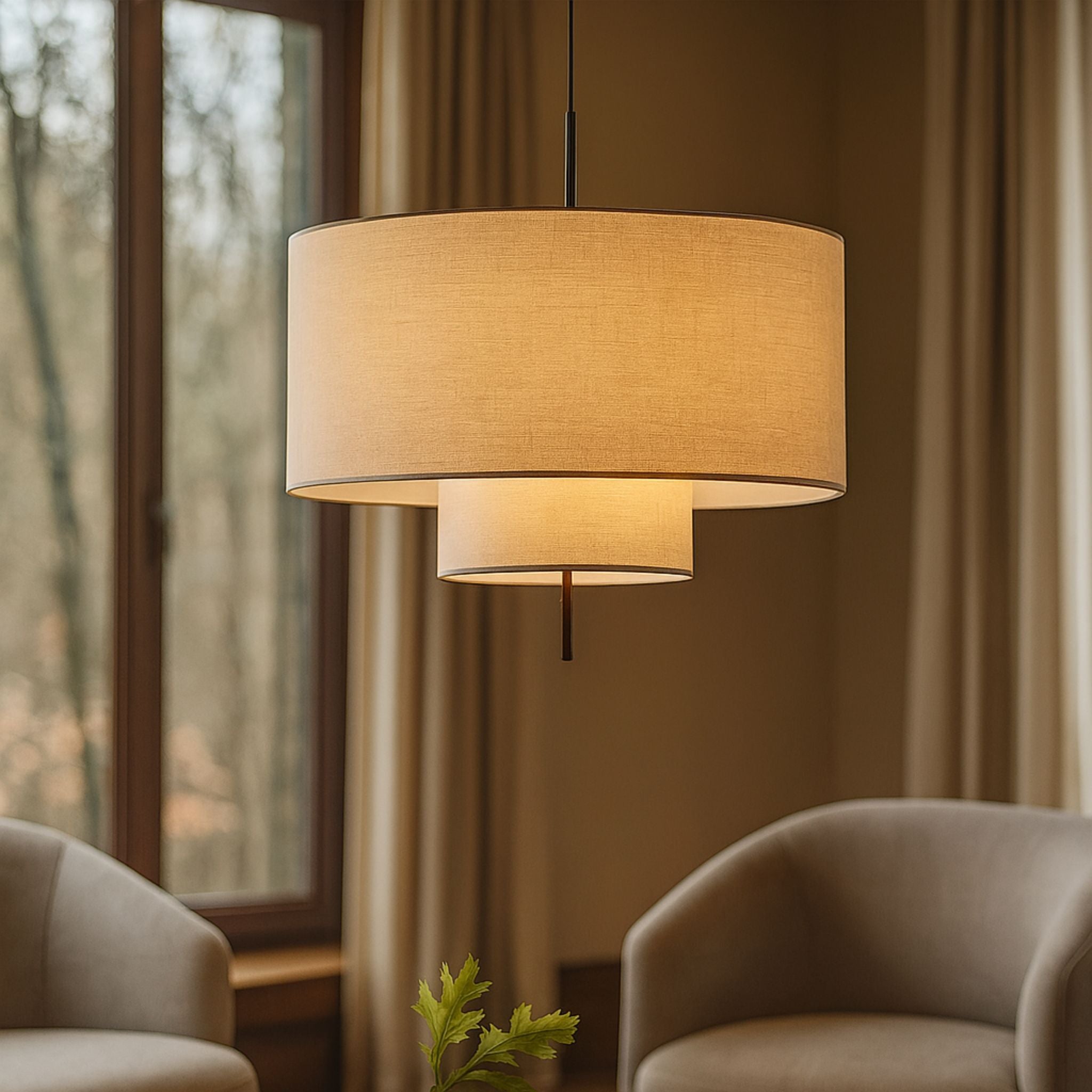 Taklampa Tambour tänd med mjukt och varmt ljus i interiör