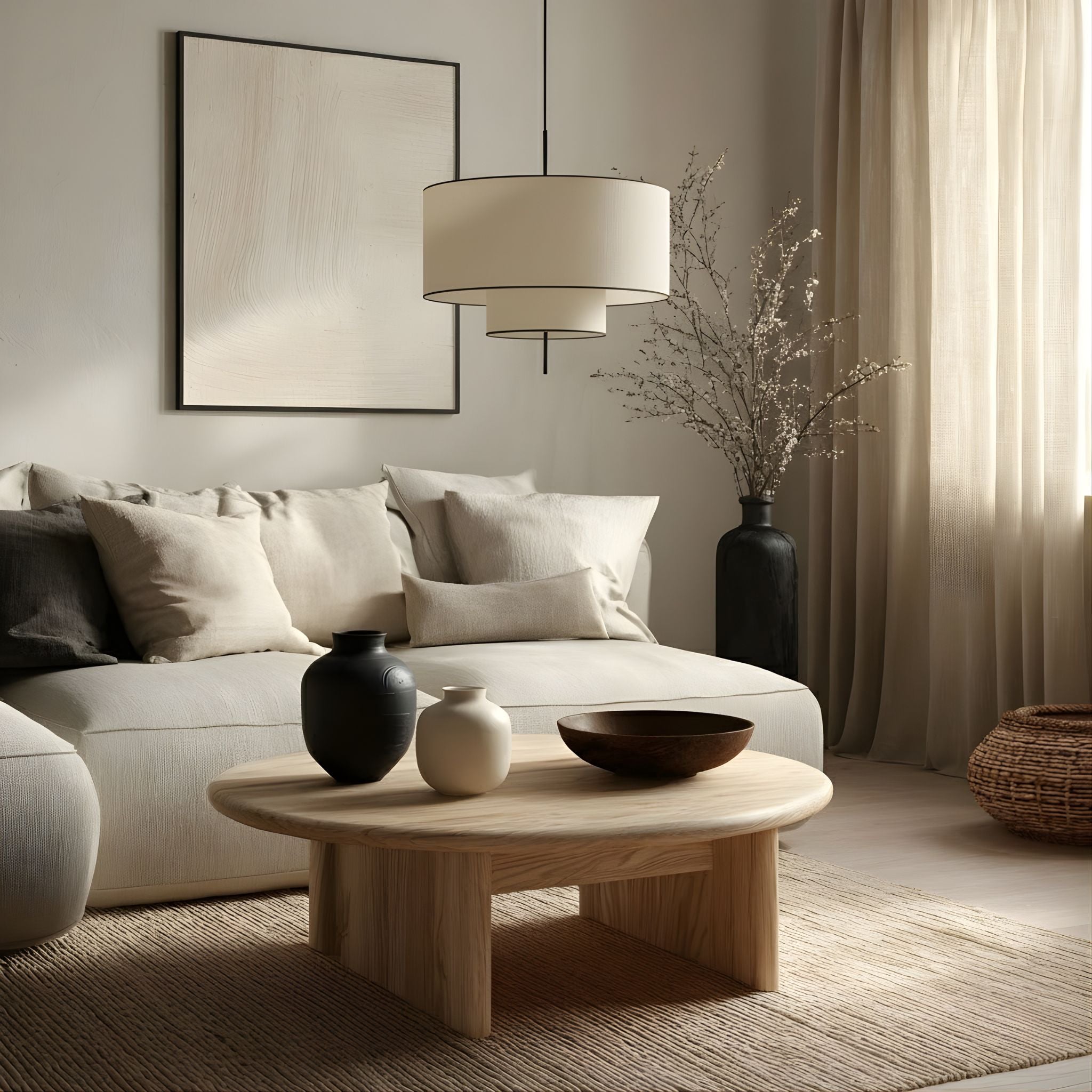 Taklampa Tambour hängande i vardagsrum med soffa och neutrala toner