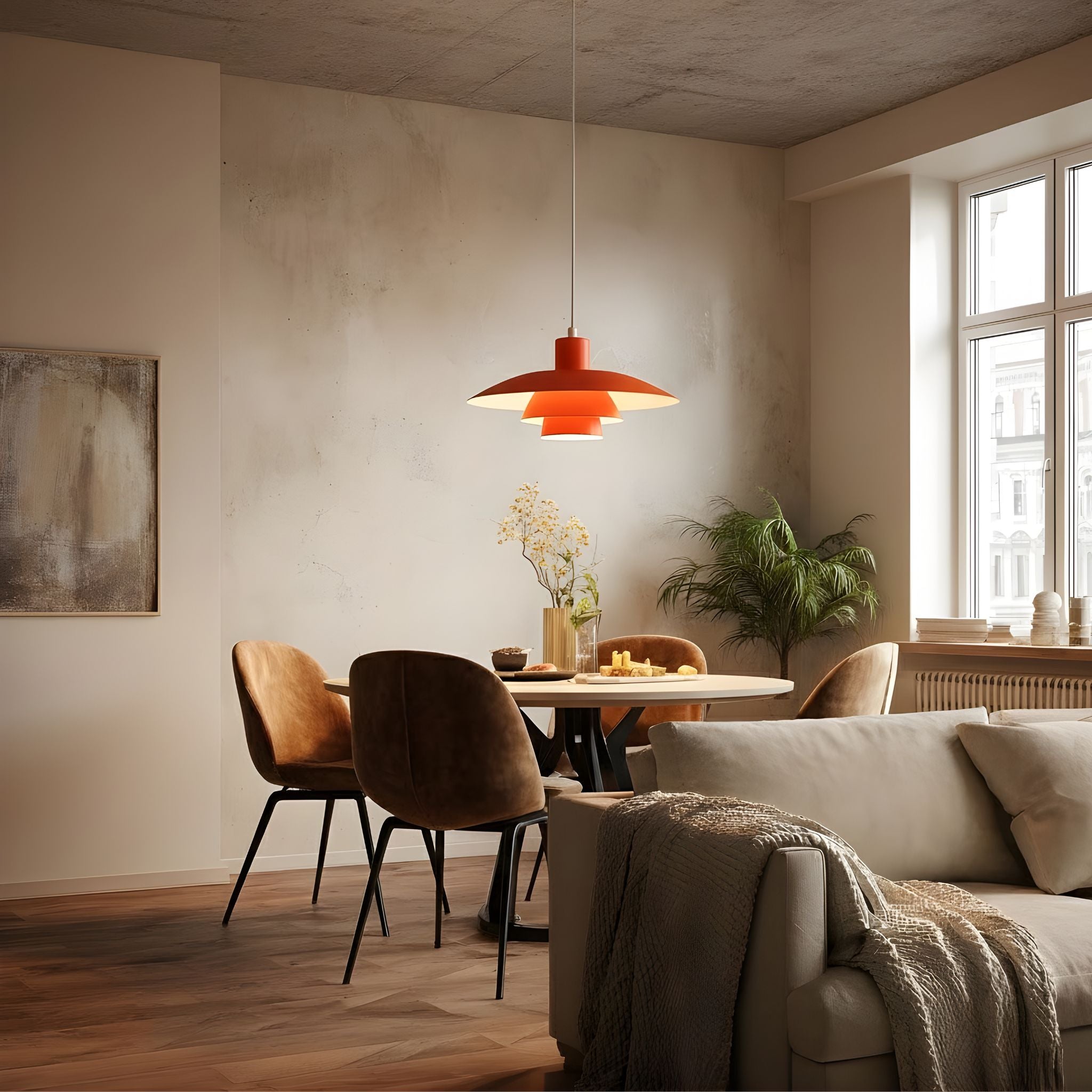 Taklampa Ufo i orange - över matbord i modern inredning med varma färger och stilrena möbler.