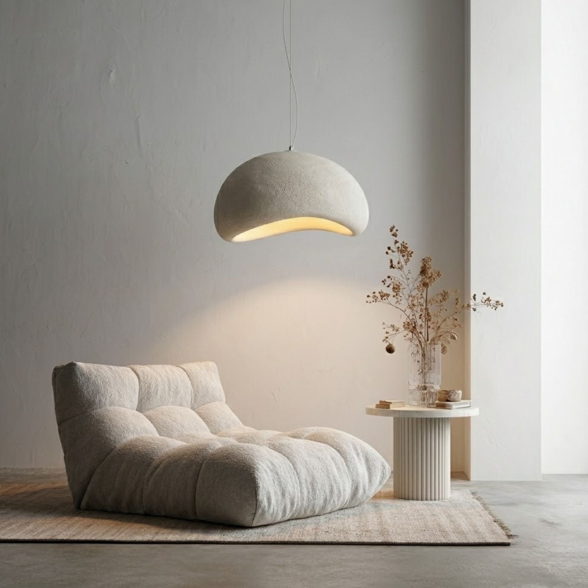 Wabi Sabi Arch 60cm taklampa - mjuk organisk form hängande över loungefåtölj i en lugn och minimalistisk skandinavisk miljö.