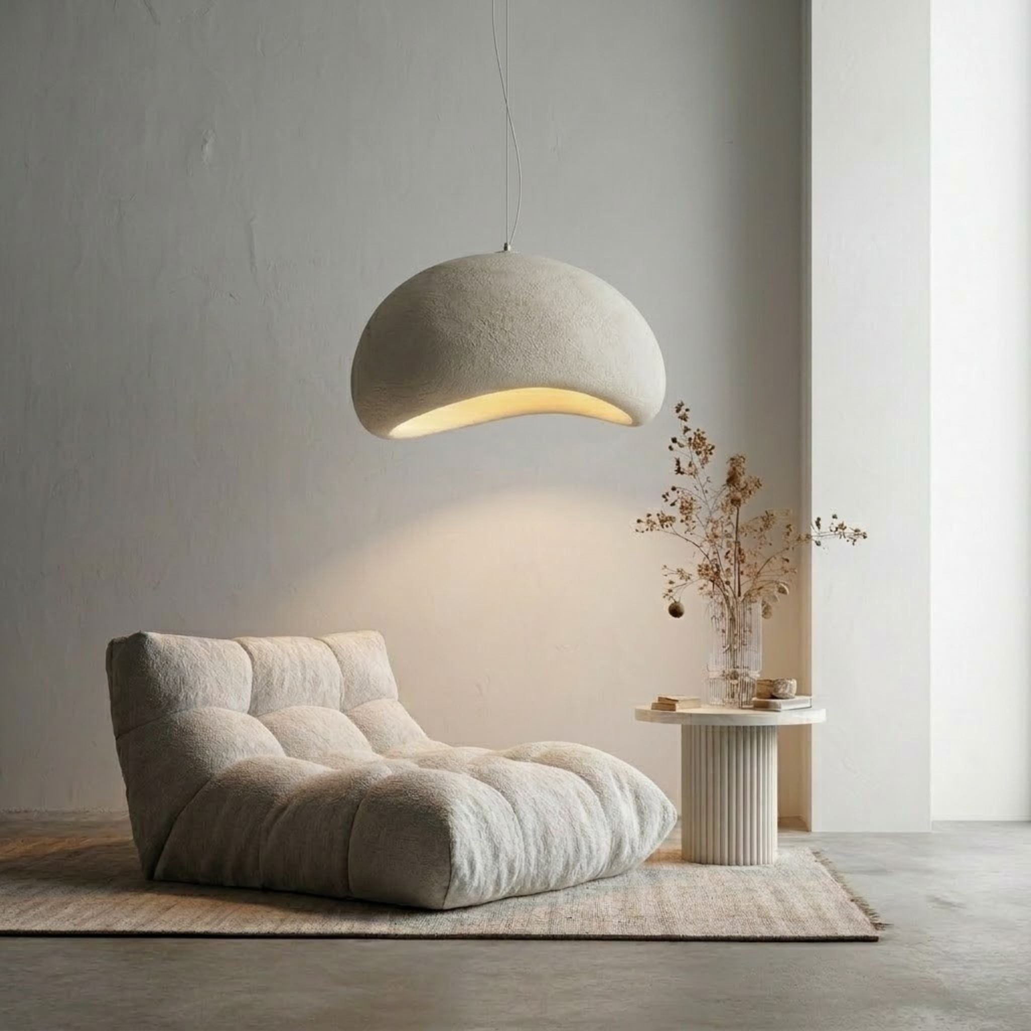 Wabi Sabi Arch 80cm taklampa - mjuk organisk form hängande över loungefåtölj i en lugn och minimalistisk skandinavisk miljö.