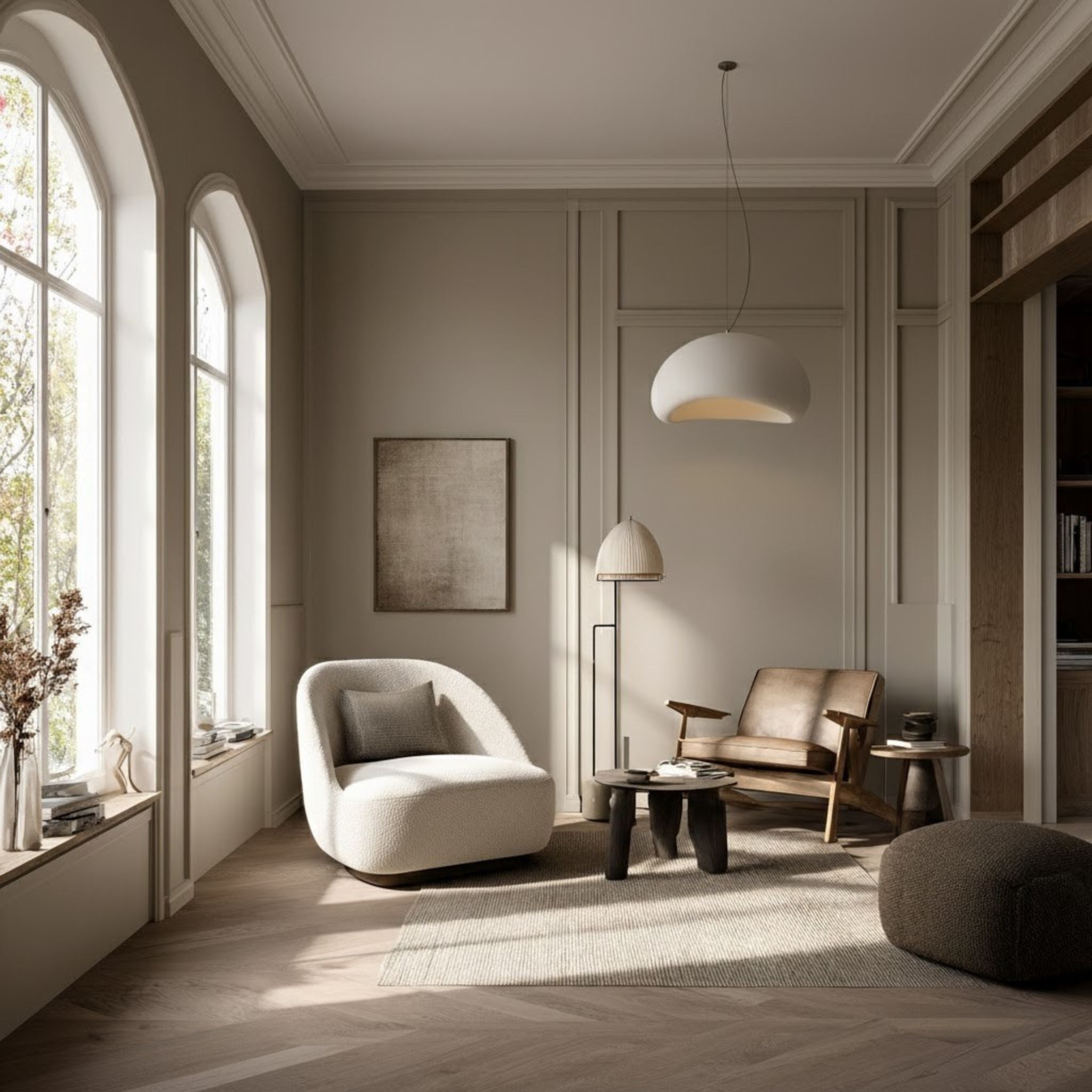 Taklampa Wabi Sabi monterad i lounge med mjuk och varm belysning